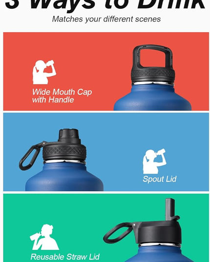 Water Bottle Insulated 64 oz with Straw & 3 Lids, Coolflask Half Gallon Water Jug Large Metal Stainless Steel Wide Mouth for Sports, Gym or Office, Non-BPA Keep Cold 48H Hot 24H, King's Blue