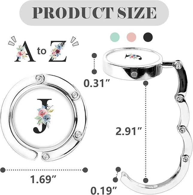 Iqimott 3pcs Personalized Initial Foldable Purse Hook for Table, Flower Letter Folding Handbag Hanger Portable Magnet Table Hook Holder, Collection Desk Purse Hooks for Women Bag (Black-J)