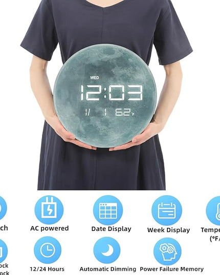 13" Digital Wall Clock with LED Display, Calendar & Temperature, Automatic Dimming, 12/24hr Format, Wall & Desk Use - HUI-7860