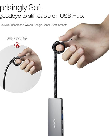 BENFEI USB C Hub 5-in-1 with 4K HDMI(Certified), 100W Power Delivery, 3 USB-A, Silicone Cable, Aluminum Case Compatible with MacBook Pro/Air, iPad Pro, iMac, iPhone 15 Pro/Pro Max, XPS, Thinkpad