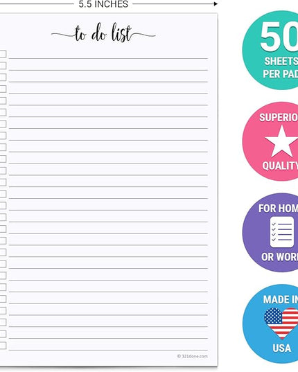 321Done To Do List Notepad, Made in USA - 5.5x8.5, Simple Checklist, Cute Modern Design for Organizing, Planning, College Ruled, Thick Heavy Paper - 50 Sheets