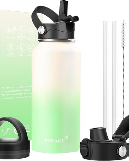Water Bottle Insulated 32oz 40oz 64oz 128oz Straw Lid Spout Lid & 3 Lids, Leak Proof, Vacuum Insulated,Stainless Steel Water Bottle Wide Mouth for Sports, Gym or Office