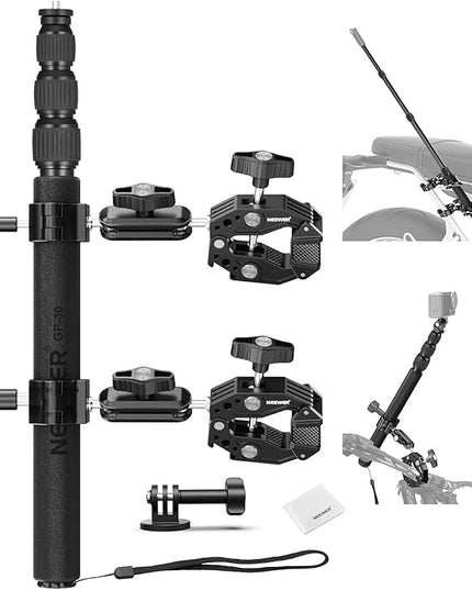 NEEWER Motorcycle Camera Mount Kit, Bicycle Handlebar Invisible Selfie Stick, 360° Ball Heads, Super Clamps & Cleaning Cloth, Compatible with GoPro Insta360 DJI AKASO Action Cam Video Recording, GP-30