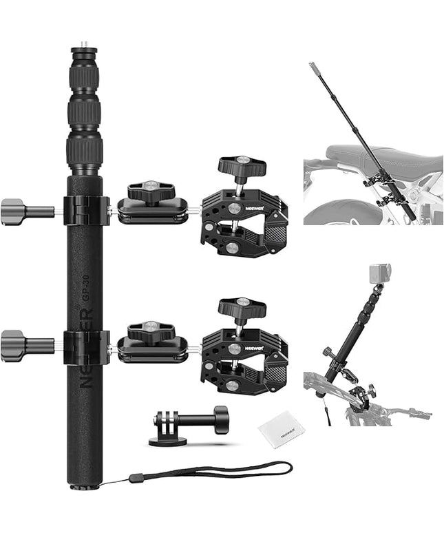 NEEWER Motorcycle Camera Mount Kit, Bicycle Handlebar Invisible Selfie Stick, 360° Ball Heads, Super Clamps & Cleaning Cloth, Compatible with GoPro Insta360 DJI AKASO Action Cam Video Recording, GP-30
