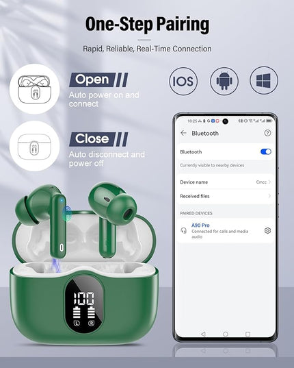 Wireless Earbuds, Bluetooth 5.4 Headphones Bass Stereo, Ear Buds with Noise Cancelling Mic, LED Display in Ear Earphones Clear Calls, IP7 Waterproof Bluetooth Earbuds for Laptop/Phones/Sports, Green