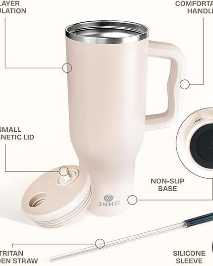 34HD 40 oz Stainless Steel Tumbler - Leakproof Insulated Water Bottle with Handle, Magnetic Lid and Flexible Straw - Iced for 48 Hours – Perfect for Men, Women, Birthday Gift, White - Vanilla Cloud