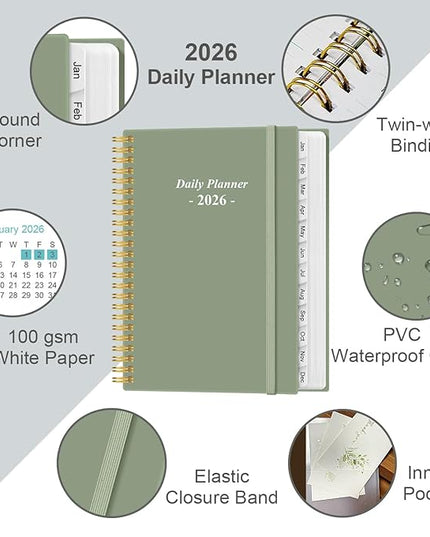 Daily Planner 2026 Full Page Per Day- 2026 Daily & Monthly Planner from January 2026 to December 2026, Day Planner 2026 with 12 Months Tabs, 6.4" x 8,5", Green