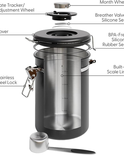Veken Large Coffee Canister with Window, Rice Kitchen Food Storage Airtight Stainless Steel Container with Lids, Date Tracker and Scoop, Grounds, Beans, Tea, Flour, Cereal, Sugar Jars, 38oz, Black