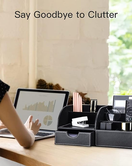 KINGFOM Pu Leather Desk Organizer Pen Pencil Holder Office Supplies Caddy Storage Box 6 Compartments with Drawer Black (Full Pu Leather)