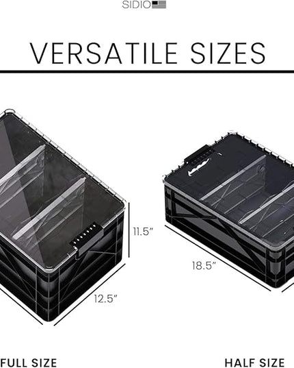 SIDIO Crate Pro Pack - 2 Full-Size & 1 Half-Size Heavy Duty Stackable Storage Bins, Totes and Containers with Lids and Dividers - Durable Plastic Organizer for Home, Office, Garage, and Outdoor Use