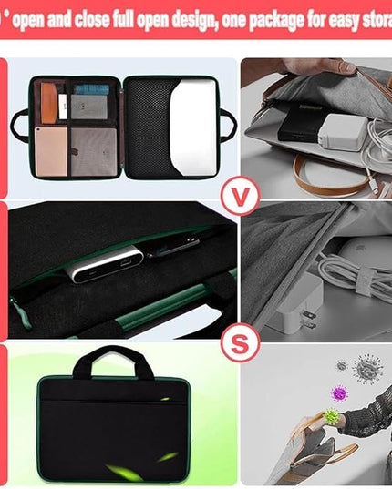 Hseok Laptop Case 13.3-14 inch Briefcase Handbag, Water-Resistant and Shockproof Computer Sleeve Compatible with MacBook Pro 14", Mac Air/Pro 13.3" and 13"-14" Notebooks Chromebooks,Black-Green