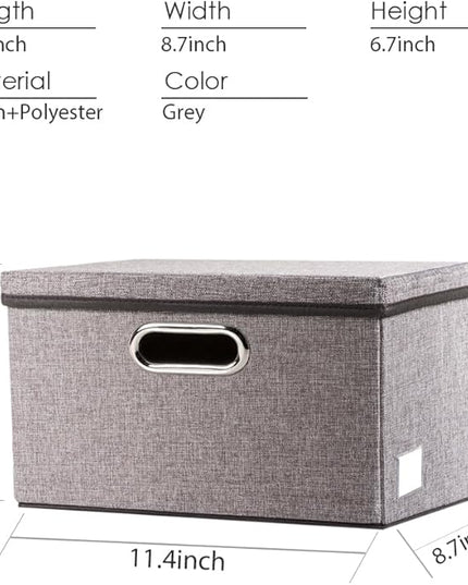 PRANDOM Storage Bins with Lids [3-Pack] Linen Fabric Foldable Storage Boxes Organizer Containers Baskets Cube with Cover for Home Bedroom Closet Office Nursery Grey（11.4X8.6X6.7