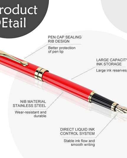 Tiankool Luxury Fountain Pen,Fine Nib, Exquisite Pen Gift Set for Men&Women-Includes 10 Ink Cartridges&Ink Converter- Nice Pens - Red