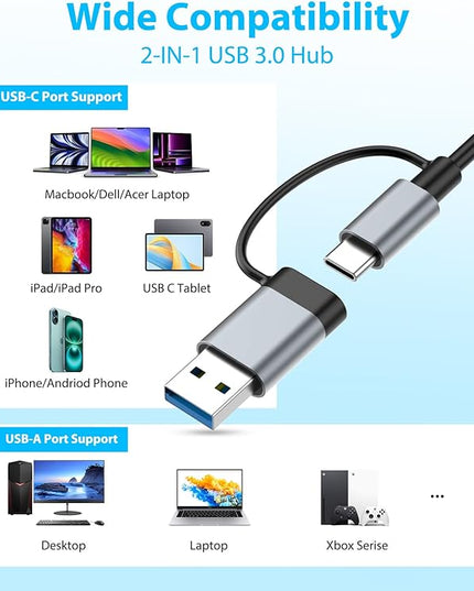 USB C Hub USB Hub 3.0 for Laptop, Upgrade 8 in 2 USB Splitter with USB-C/4 USB A Port Extender, TF/SD Card Slot, 3.5mm Audio Adapter, USBC USB Dongle for PC/Mac/MacBook/Laptop/iPad/Tablet