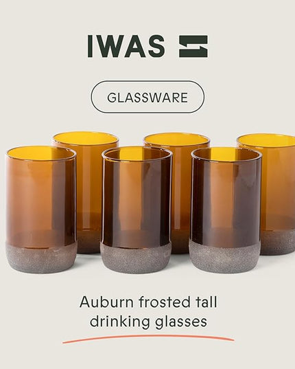 IWAS Upcycled Tall Auburn Drinking Glasses | 350 ML | 12 OZ | Set of 6 | Sustainable Water and Juice Glass For Home | Light Brown Cup | Thick High Ball Modern Amber Glassware | Better Than Recycled
