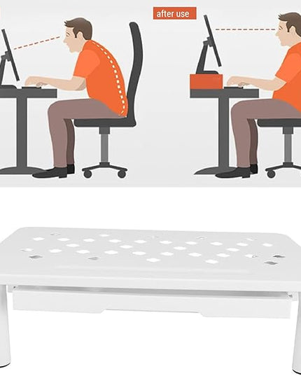 Metal Monitor Stand Monitor Riser with Drawer, 3 Adjustable Height Computer Stand Riser, Office Desk Accessories Workspace Desktop Organizers Storage for Lap (White)
