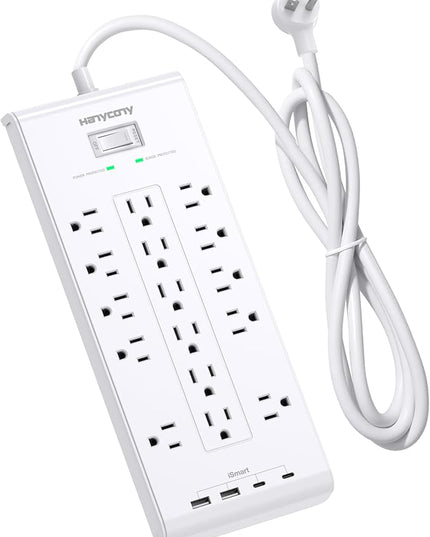 HANYCONY Surge Protector Power Strip 10 Ft, 16 Outlets 4 USB Ports(2 USB C), Flat Plug Heavy Duty Extension Cord, 2700 Joules, Wall Mount for Home Office, ETL Listed, White