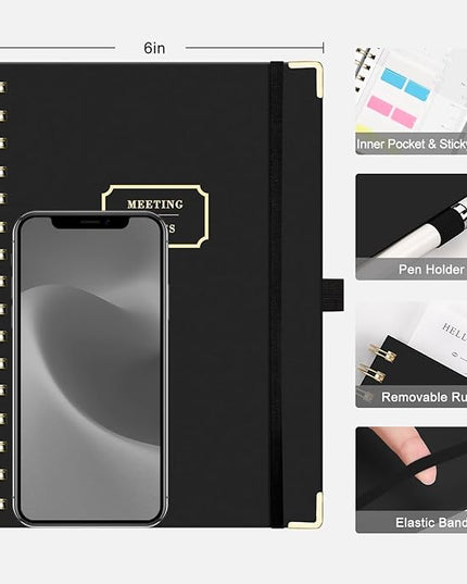 EMSHOI Meeting Notebook for Work - A5 Half Meeting Half Note Planner, 140 Pages, 100GSM Thick Paper, Hardcover, Project Organizer for Women Men Office, Business, Note Taking, 6"x8.3" - Black