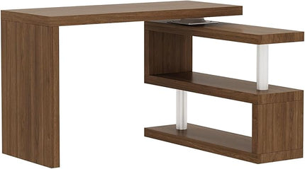 47" Swivel Top Desk with Storage Shelves - 360° Rotating Tabletop Computer Workstation for Home Office - Full Glossy Mirror Finish Space-Saving Corner Writing Table (Brown)