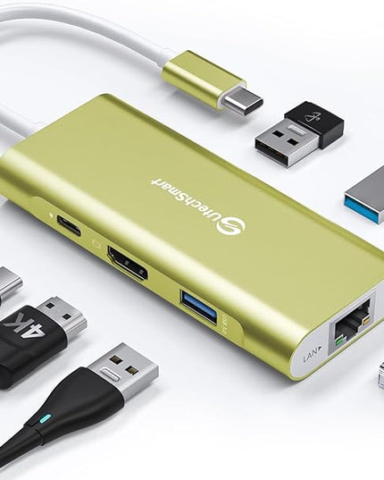UtechSmart USB C Hub, USB C Ethernet Multiport Adapter, 6 in 1 USB C to HDMI Dock Compatible for MacBook Pro/Air, Chromebook, Dell XPS, HP (Gigabit Ethernet 100W PD 4K HDMI USB 3.0)(Gold), UCN3273