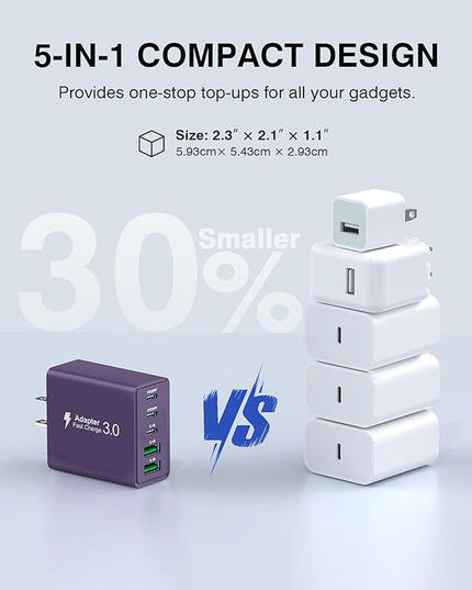 [2Pack] 60W USB C Plug,5-Port Fast Charger Block PD+QC Cube Wall Charging Box Brick for iPhone 17/16/15/14/13 for Samsung Galaxy S25/S24/S23/S22/S21+/S21 Ultra, Magsafe Wireless Charger,(Purple)