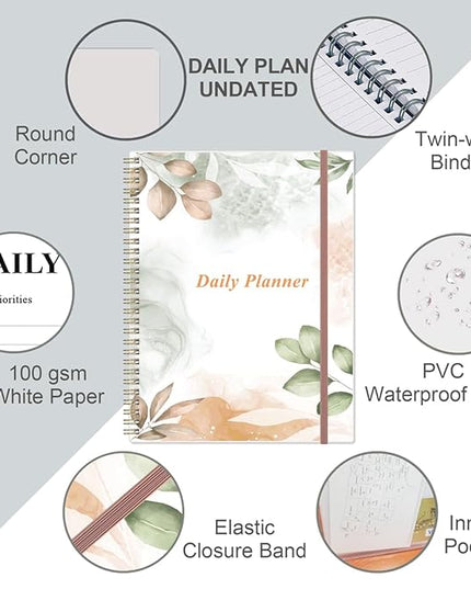 Daily Planner Undated - 8.5" x 11" To Do List Notebook Hourly Schedules, 150 Sheets/300 Pages Spiral Appointment Planner for Women and Men,PVC Hardcover, Inner Pocket, Elastic Closure, Rose Leaf