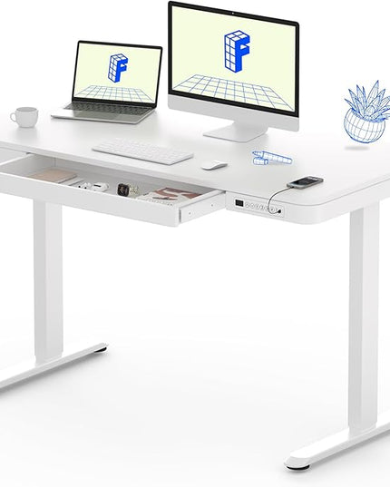 FLEXISPOT Comhar Electric Standing Desk with Drawers Charging USB A to C Port, Height Adjustable 48" Whole-Piece Home Office Computer Laptop Table with Storage (White Top + Frame)