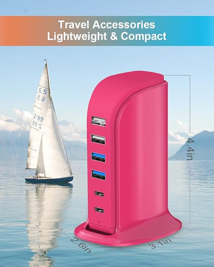 USB Charging Station Multiports Upoy, Charging Hub 6 Ports Dual Type-C, USB Tower Fast Charging for Tablets, Cellphones, Smart Watch, and More Electronic Gadgets, Portable Design, Travel Essentials