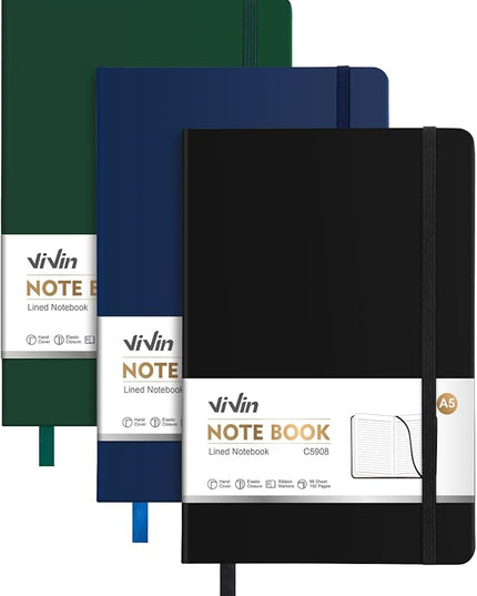 ViVin Lined Journal Notebooks for Work,192 Pages,Medium 5.5 x 8.3 inch,College Ruled,A5 Hardcover Journaling Notebooks for Work,3 Pack(Black,Navy Blue,Dark Dreen)
