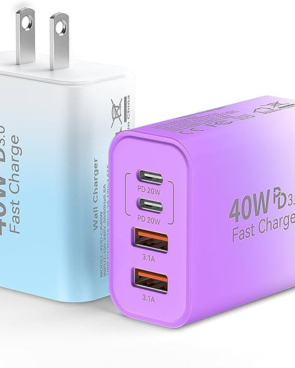 USB C Wall Fast Charger Block, 40W 4-Port Type C Chargers Fast Charging Blocks PD Power Charger Adapter+QC 3.0 USB Multiport Charger Brick for Phone 17/16/15/14/13/12 Pro Max, i-Pad, Galaxy S25-2Pack