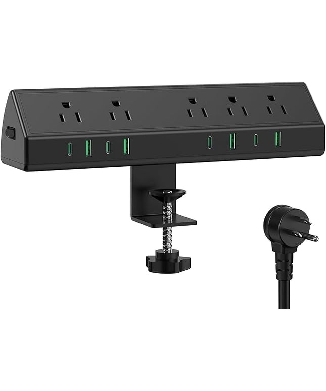 45W Fast Charging Station,Desk Clamp Power Strip,4 PD USB-C Ports,5 AC Outlets,Surge Protector Power Strip, 14AWG Heavy Duty Cord, Fits 1.9" Tabletop Edge (Black, 20 FT Cable)