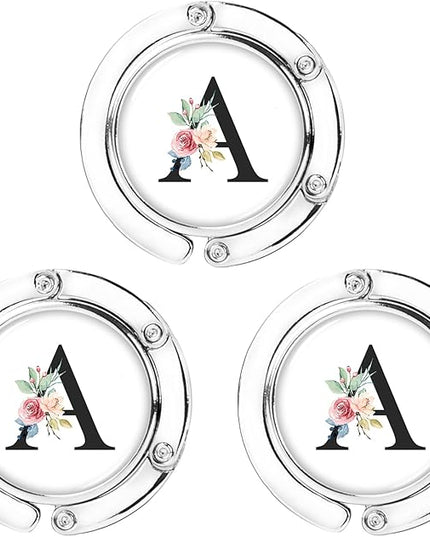 Iqimott 3pcs Personalized Initial Foldable Purse Hook for Table, Flower Letter Folding Handbag Hanger Portable Magnet Table Hook Holder, Collection Desk Purse Hooks for Women Bag (Black-A)