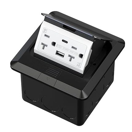 KYHSHJ USB Pop Up Floor Socket Kit with 2 * 20A Receptacle，4.8A 1 USB-A Ports &1 USB-C Port，Corrosive Resistant Hardware,Black