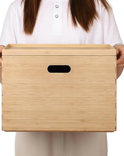 BAMOTTO Lidded Bamboo Storage Bins & Box/Cube/Basket, Home Kitchen and Office Storage Boxes with Handles & Stackable for Organizer Tableware, Crafts, Office Shelf Books, Large, 14.6”x10.2”x9.6”