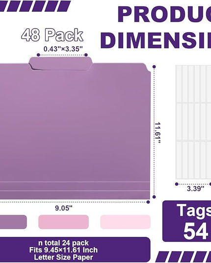 48 Pack Colored File folders Plastic Purple File Folders Letter Size 1/3 Cut Tabs File Folder with Sticky Labels Manila File Folders 8.5 x 11 for Documents Office Home School Organizer(8 per Color)