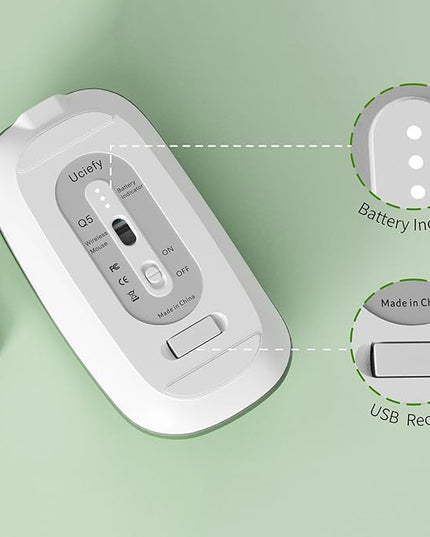 Uciefy Q5 Slim Rechargeable Wireless Mouse, 2.4G Portable Optical Silent Ultra Thin Wireless Computer Mouse with USB Receiver and Type C Adapter, Compatible with PC, Laptop, Desktop (Blackish Green)