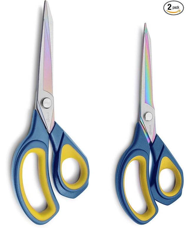 LIVINGO 2 Pack Sharp Fabric Scissors - Heavy Duty Scissors All Purpose, Titanium Coated Forged Sewing Shears for Tailor Dressmaking Crafting Cutting Clothes Leather, 8.5" & 9.5", Blue & Yellow