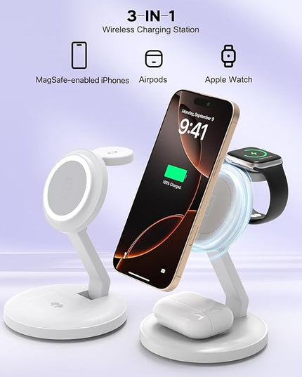 3 in 1 Foldable Magnetic Wireless Charging Station,iPhone Mag-Safe Charger,15W Fast MagSafe Charger Stand for Apple iPhone16Pro Max/16 Pro/15 ProMax/14/13/12,Apple Watch Ultra/2/SE to S9,AirPods Pro 3