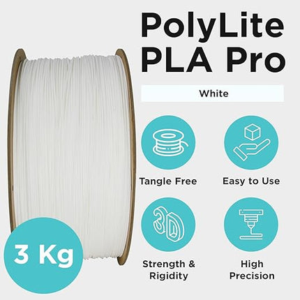 Polymaker PLA PRO Filament 1.75mm 3kg, Tough & High Rigidity White 3D Printing Filament, PolyLite PLA PRO 3D Printer Filament 1.75mm, Print with Most 3D Printers
