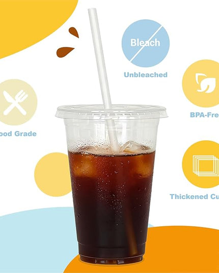 Coolcap 20 oz 100 Pack Disposable Clear Plastic Cups with Lids and Straws, Food Safe Bulk Iced Coffee Cups for Smoothies, Milkshakes and Other Cold Drinks