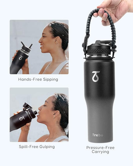 Trebo Water Bottle 32oz with Paracord Handle,Food-grade Double Wall Vacuum Stainless Steel Insulated Tumbler Flask with Straw Spout Lids,Leakproof Keep Cold & Hot,Fit in Any Car Cup Holder,Dark Gray