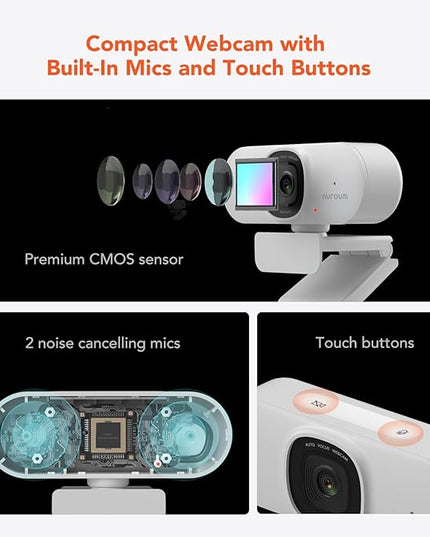 NUROUM V15AF 2K Webcam for PC, 1080p 60FPS AutoFocus Web Camera with Microphone, Privacy Cover and Mute, 75°FOV Dual Microphone USB FHD Computer Camera, Plug and Play for Zoom/Skype/Teams, White