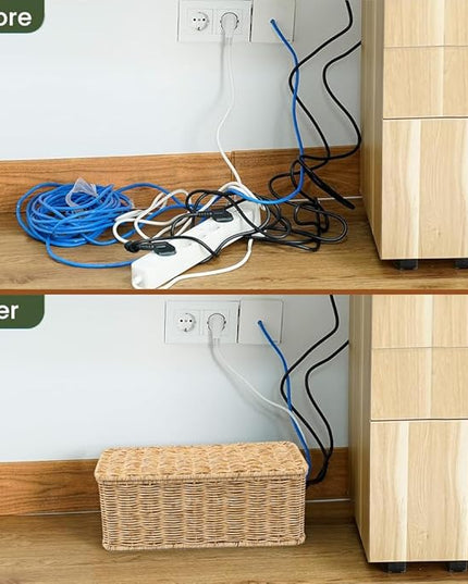 Cable Management Box, Handmade Rattan Cable Organizer, 2 Open Slots Cords Hider Box, Under Desk Cord Organizer for Computer Router USB Hub & Power Strip, Patent Pending, 13" x 5.1" x 5.1", Natural