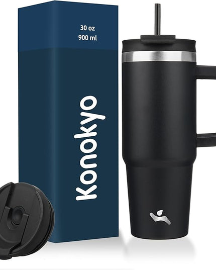 30 oz Tumbler with Handle and 2 Straws,2 in 1 Lid Insulated Water Bottle Stainless Steel Travel Coffee Mug,Black
