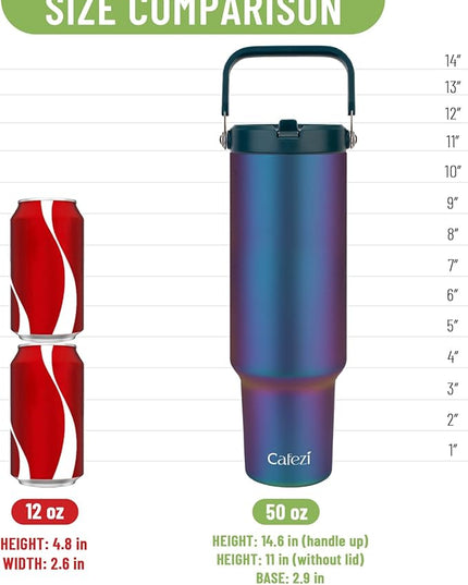 50 oz Tumbler with Handle and Straw, Stainless Steel Water Bottles with Flip Straw and Top Handle, Leak Proof, Fits in Cup Holder, Vacuum Insulated Water Bottle for Home, Office, Hiking, Car