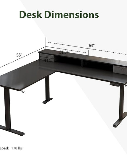Agilestic L Shaped Electric Standing Desk with 2 Drawers, 63 Inch Ergonomic Adjustable Height Desk with Storage, Corner Desk Sit Stand up Computer Table for Work Office Home, Black