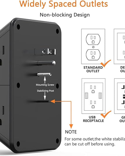 USB Wall Charger Power Strip Surge Protector with 4 USB Ports (2 USB C) Plug Extension Multiple Outlets Plug Extension Multi Outlet Plug in Adapter Spaced Outlets for Home Office Travel,White (Black)