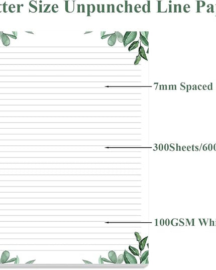 (3-Pack) Stationery Lined Paper, Letter Size Unpunched Ruled Filler Paper, 300Sheets / 600Pages Loose-Leaf Line Paper, 100gsm White Paper, 8.5'' x 11'', Leaf