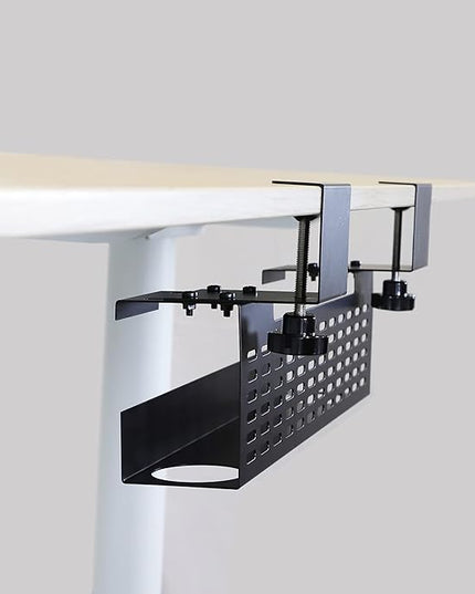 AEONS Under Desk Cable Management Tray Wire Cord Organizer Removable C Clamp Mount No Drill Computer Cord Raceway and Modesty Panel, Black, 16-inch