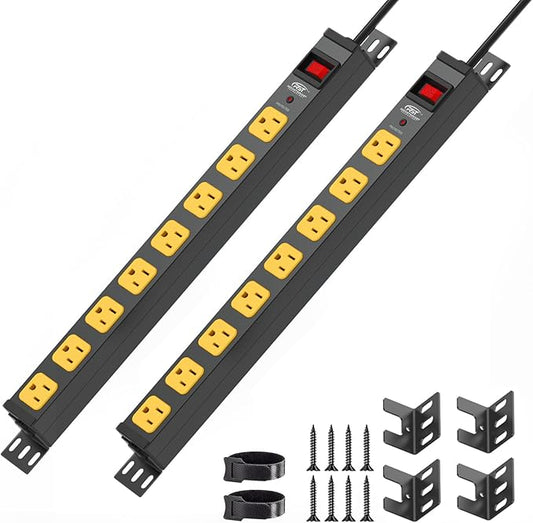 Mountable Long Power Strip, 2100 Joules Heavy Duty Surge Protector Power Strip, Slim Metal Power Bar with 6ft 14AWG Cord, 8-Outlet, ETL Listed, for Wall Mount, Under Desk, Garage, Workshop, Office 2PK